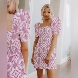 Ina Pink and White Patterned Puff-Sleeve Dress